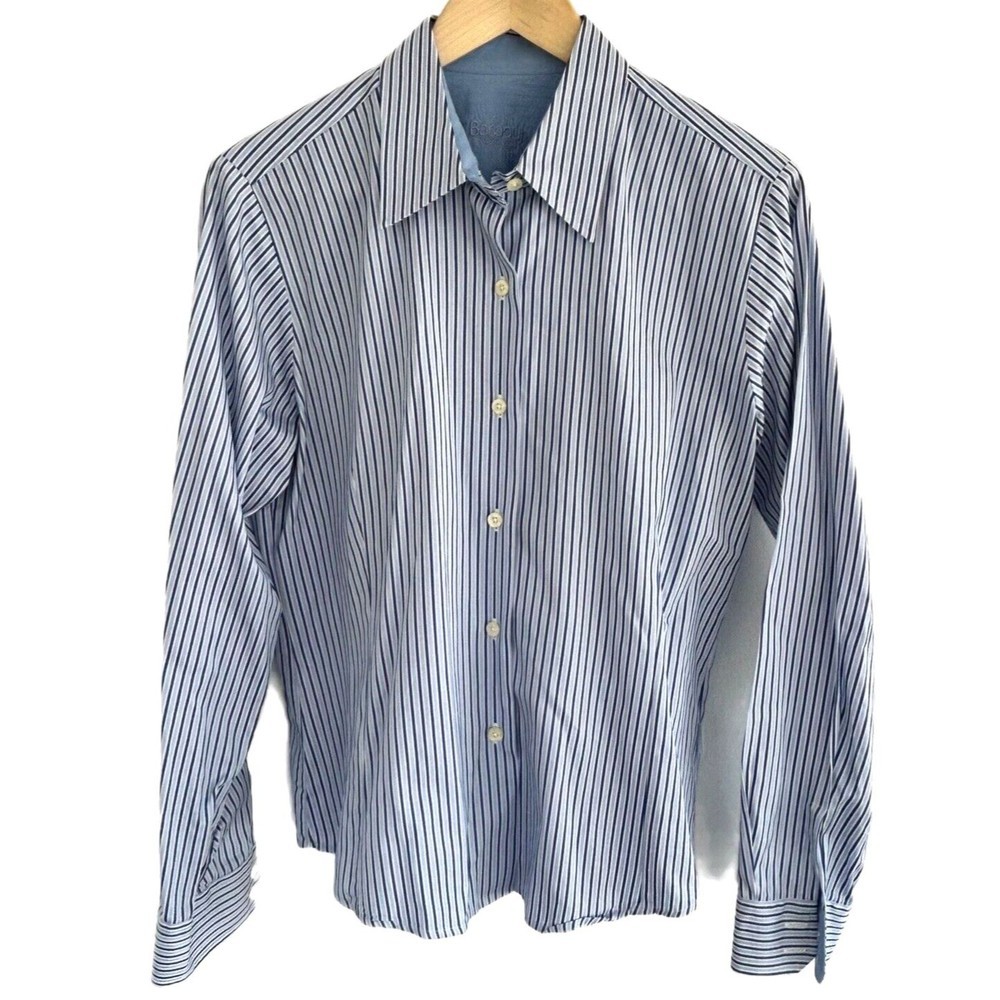 Barbour Top Size 12 Button Down Blue Striped 100% Cotton Long Sleeve Ladies